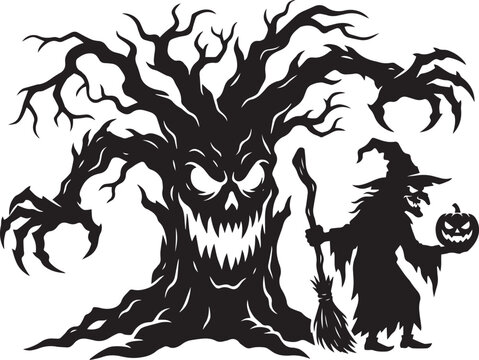halloweenSpooky haunted tree and witch holding a jack o lantern