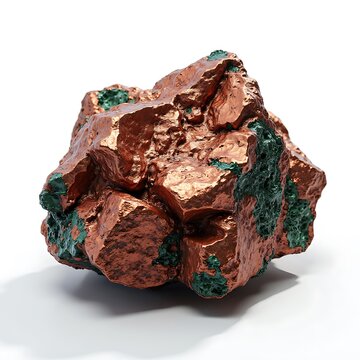 Raw copper mineral specimen with green oxidation on white background