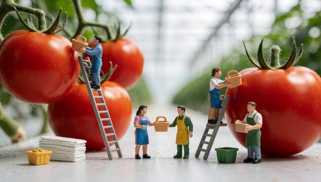 Group miniature people working greenhouse there whom standing ladders person climbing ladder pick large tomato