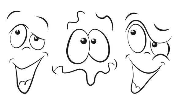 Das Bild zeigt drei verschiedene schwarz-wei&szlig;e Cartoon-Gesichter mit humorvollen und &uuml;bertriebenen Gesichtsausdr&uuml;cken