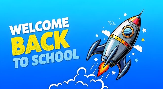 Colorful back to school banner with a stylized silver rocket ship launching into a bright blue sky with clouds and stars, bold welcoming text in yellow and white, vector art