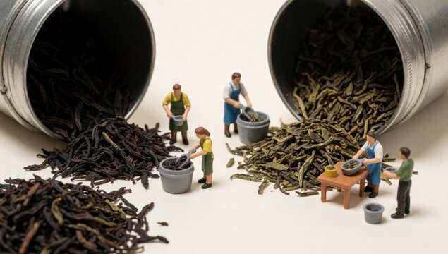 Group miniature figurines people working tea plantation there large metal buckets either side filled loose bla