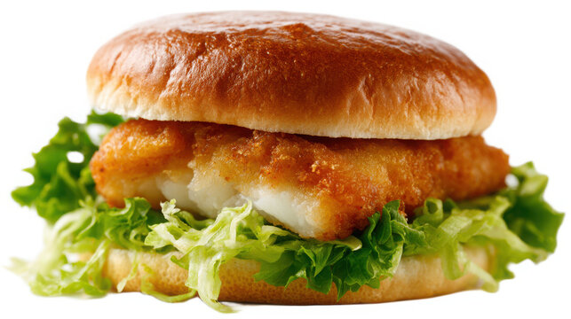 Crispy fish burger layered with green lettuce inside a golden bun isolated on a clean transparent background.