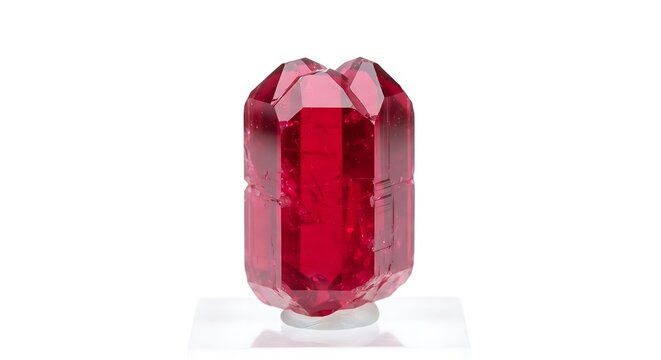 Elongated red ruby crystal isolated on white background