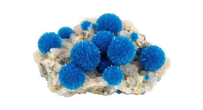 Vivid blue cavansite mineral clusters on natural rock