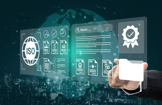 Engaging digital interface showcasing ISO certification and business standards. Highlighting technology, user interaction, and global connectivity for professional use. Gantry