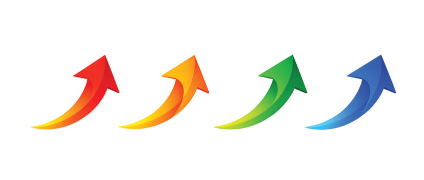 four colorful 3d arrows pointing up representing business growth and success isolated on a simple background