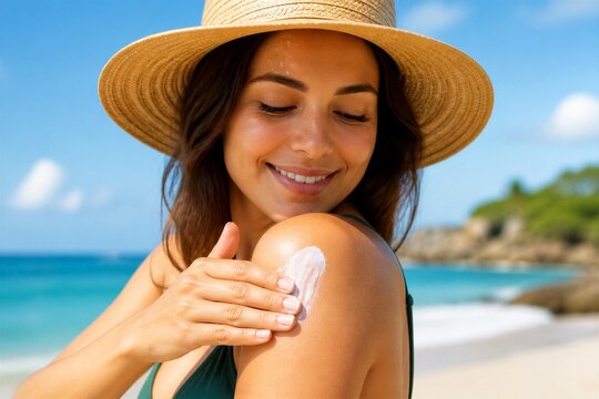 Woman smiles, applying sunscreen to shoulder under straw hat. Ocean waves crash behind her, sand warm beneath feet. Clear skies, lush green island visible in distance