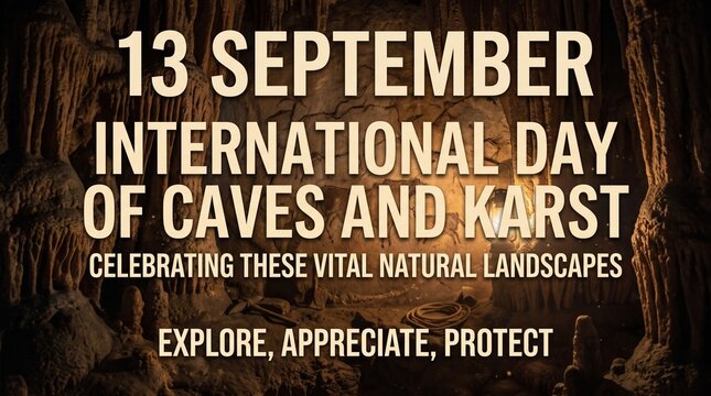 International day of caves and karst poster with text overlay inside a dark underground rock cavern with dark cave