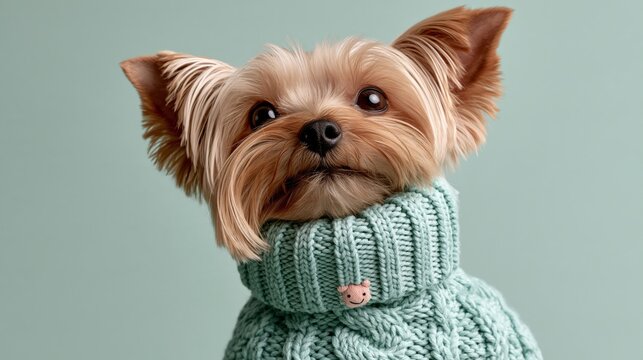 Dog sweater with tiny happy face, looking cozy and warm, pastel green wall, copy space