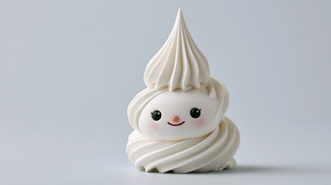 Piping bag with tiny smiling face, ready to decorate, bright white wall, copy space