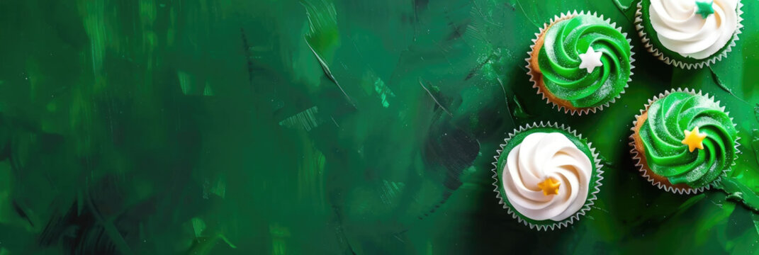 green and white cupcakes arranged on a dark green background, celebrating Nigeria's Independence Day, horizontal banner, copy space, free space for text