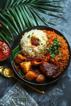 A vibrant plate of Nigerian Jollof rice, white rice, fried plantains, and grilled chicken, garnished with fresh herbs. A festive setting for Independence Day
