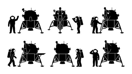 Astronauts and Lunar Lander Icons, Space Exploration Set, Vector Silhouettes © Tariqul