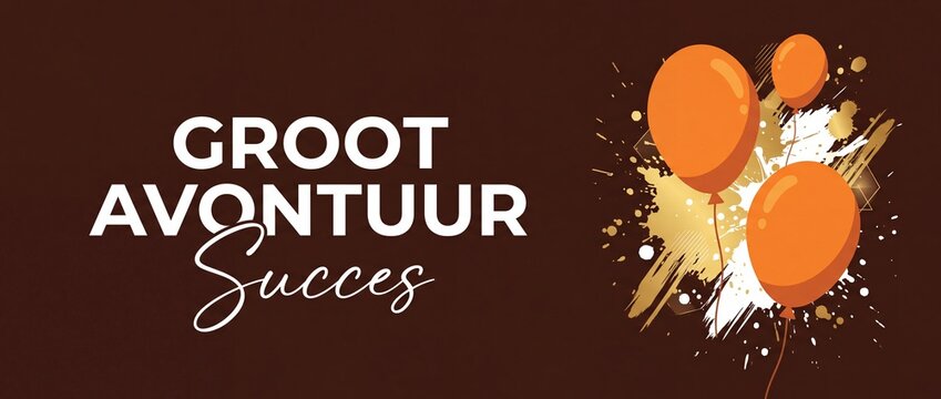 Orange balloons celebration banner background with Dutch text Groot Avontuur Succes for festive adventure, business achievement, success party header, gold splatter vector illustration design.