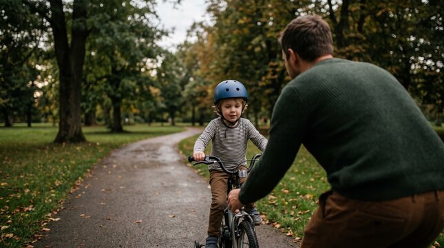Father teaching young son to ride bicycle in park during autumn with trees and fallen leaves on path vector illustration