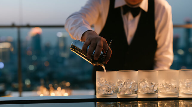 Skilled bartender pour a signature cocktail drink from metal shaker into glass with ice on luxury rooftop lounge bar with city view at night
