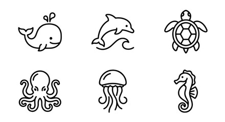 Obraz premium Cute Marine Life Icons Set, Simple Ocean Animals Vector Graphics, Whales, Dolphins, Turtles, Octopuses, Jellyfish, Seahorses