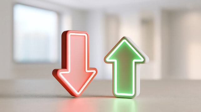 3D render of red down arrow and green up arrow symbol standing on desk in office background, concept of business choice and decision