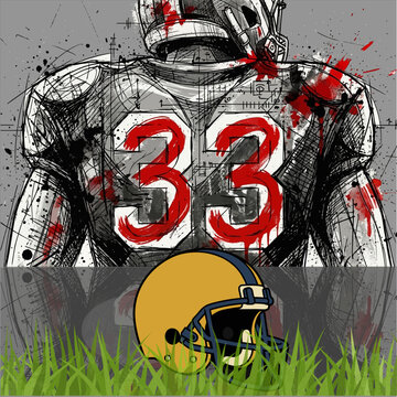 Gritty American football player illustration with number 33, featuring messy sketch lines, red watercolor splatters, and a yellow helmet resting on green grass