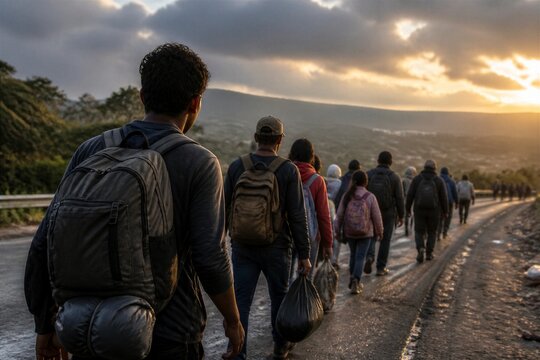 Group of migrants walking along roadside at sunrise