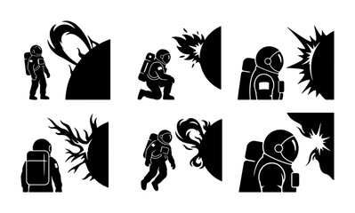 Fototapeta premium Astronaut Space Exploration Icons, Cosmic Danger, Sci-Fi Adventure, Black Silhouette Set
