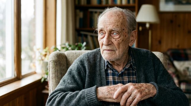 Pensive elderly man sitting by home window.