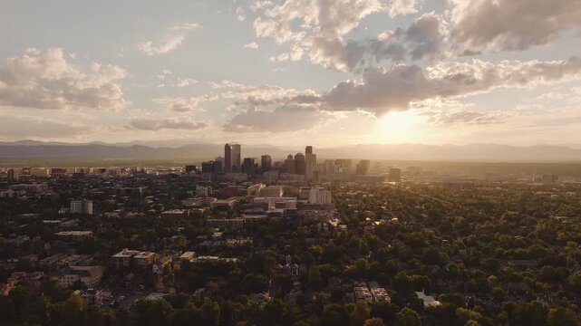 Denver Skyline during sunset golden hour drone video 4K