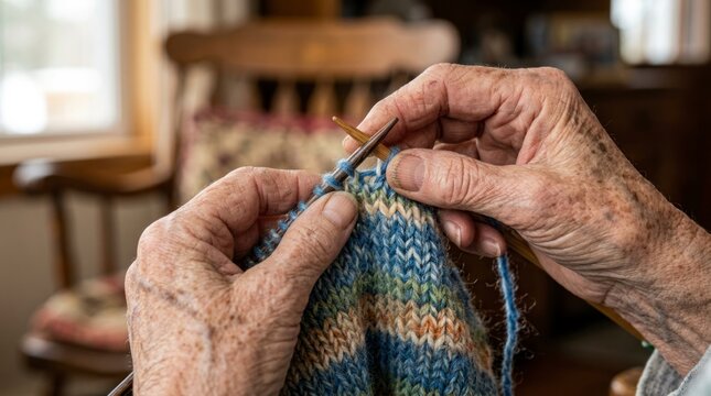 Close up of elderly hands knitting colored yarn.