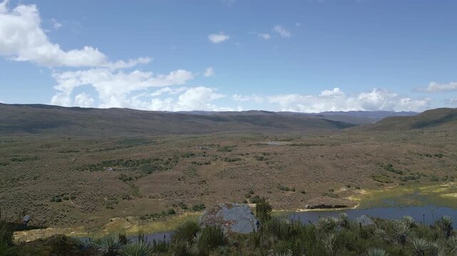 Aerial drone view of the high-altitude Sumapaz Paramo ecosystem in Colombia featuring native frailejon plants, glacial lakes, and rugged Andean mountains.