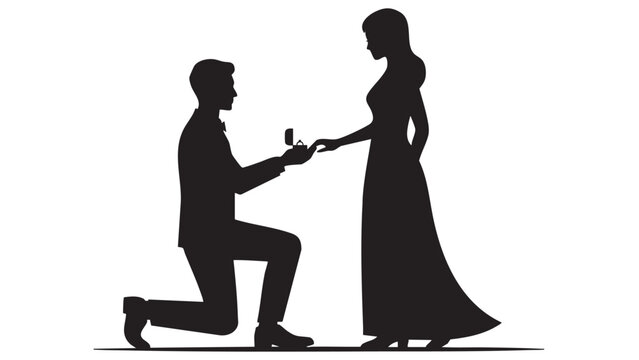 Silhouette of a man proposing to a woman with a ring against a white background