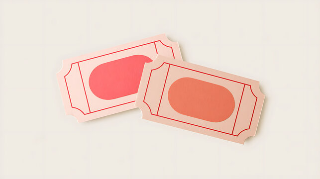 Two blank pink paper tickets with red border on neutral background, overhead view representing admit one concept for events and travel