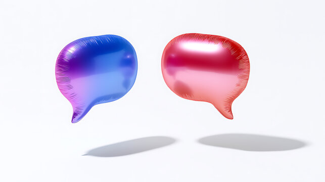 Two colorful speech bubble balloons in blue and red floating against a clean white background, representing communication and social media