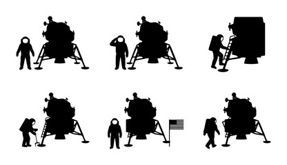 Astronauts and Lunar Lander Silhouettes, Space Exploration Icons, Set of 6 Vector Graphics © Sreya