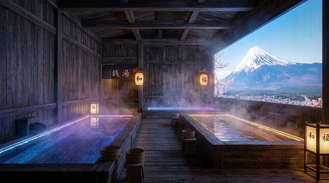 Traditional Japanese sento bathhouse interior with steam and view of Mount Fuji