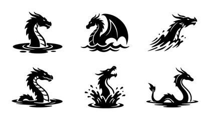 Fototapeta premium Mythical Sea Serpent Icons, Water Dragon Vector Graphics, Mythological Creature Silhouettes