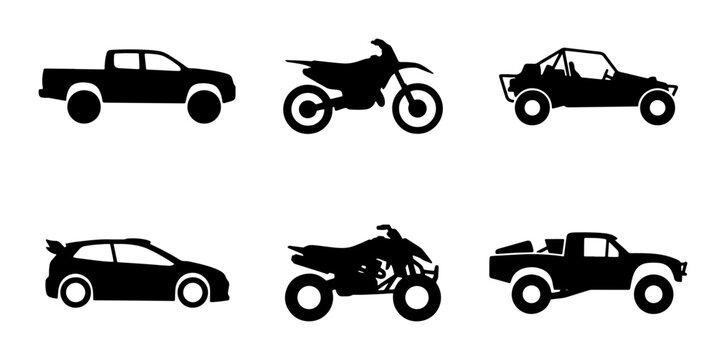 Off-road Vehicle Icons: Pickup Truck, Dirt Bike, ATV, Dune Buggy, Sports Car Set