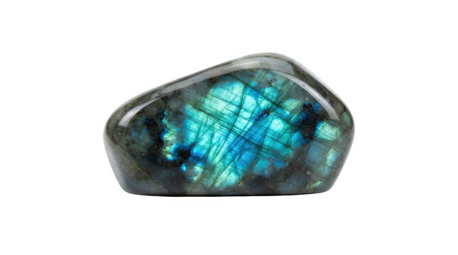 Polished labradorite gemstone with iridescent blue labradorescence isolated on transparent background