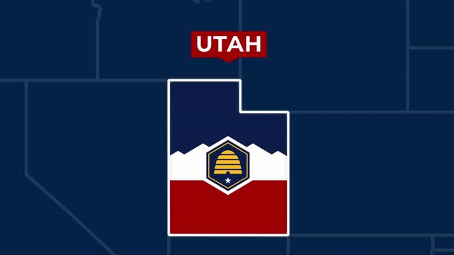 Satellite map animation of Utah, USA. Blinking territory, state flag, pinned name, animated outline of the border. Concept for broadcast, social media, education.