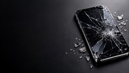 Fototapeta premium Broken Smartphone with Severely Cracked Glass Screen and Scattered Shards on Dark Background with Copy Space