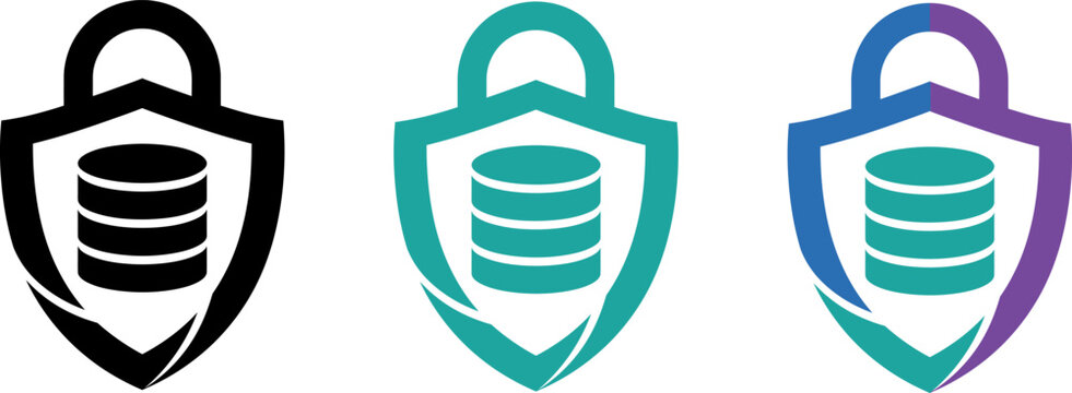 Set of three database security shield icons with different color variations
