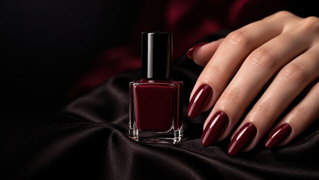 Elegant Burgundy Manicure on Female Hand with Matching Nail Polish Bottle Against Luxurious Black Fabric