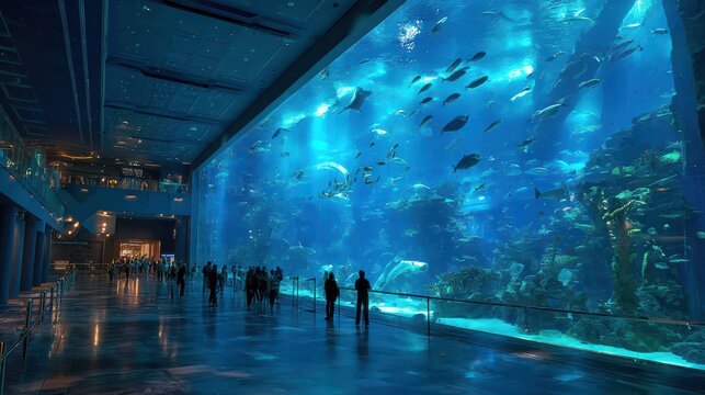 Enormous public aquarium hall, blue ambient lighting, cinematic mood 