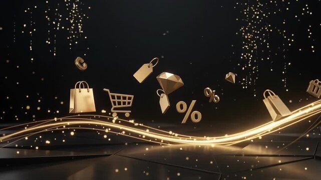 E-commerce icons ride on a glowing gold wave during a discount sale event.