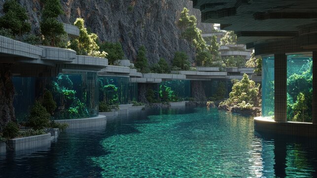 Giant aquarium built into cliffside architecture, epic scale 