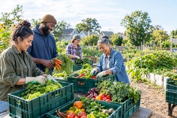 Fototapeta premium Residents sharing freshly harvested vegetables from a community garden, illustrating local food access, cooperation and neighborhood resilience.