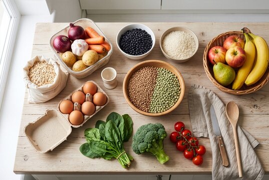 Affordable nutritious staple foods arranged for meal planning, illustrating food security, healthy eating and budget-friendly nutrition.