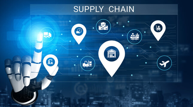 Image of a robotic hand interacting with a digital supply chain interface, showcasing key components of logistics and transportation technology in a modern context. Ledger