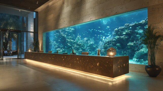 Giant aquarium wall behind hotel reception desk, luxury interior