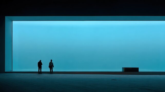Giant aquarium wall in modern museum, minimal architecture 